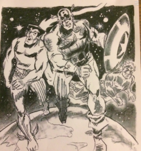 Drawing of Marvel Superhereos: Sub Mariner, Captain America, and The Human Torch