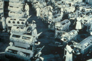 Polio Ward Showing Many Patients in Iron Lung (assisted breathing device)